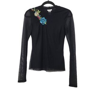 Vtg‎ Y2K Cache Black Embroidered Beaded Floral Mesh Top Sz S Sheer Long Sleeve